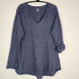 Toad & Co Tamaya Blue Patterned Roll Tab Long Sleeve Tunic Blouse, Size M